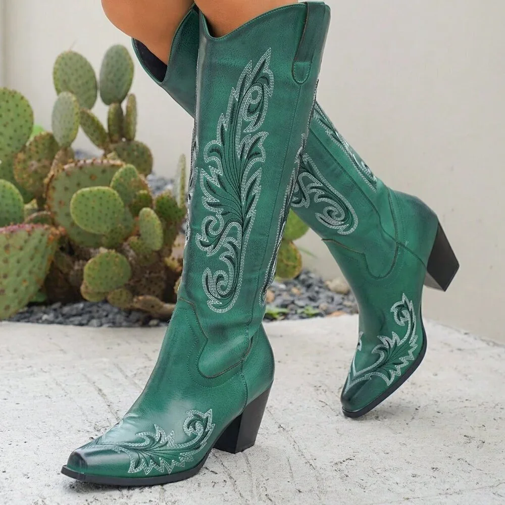 Dark Green Western Women's Embroidered Pull-On Knee High Boots